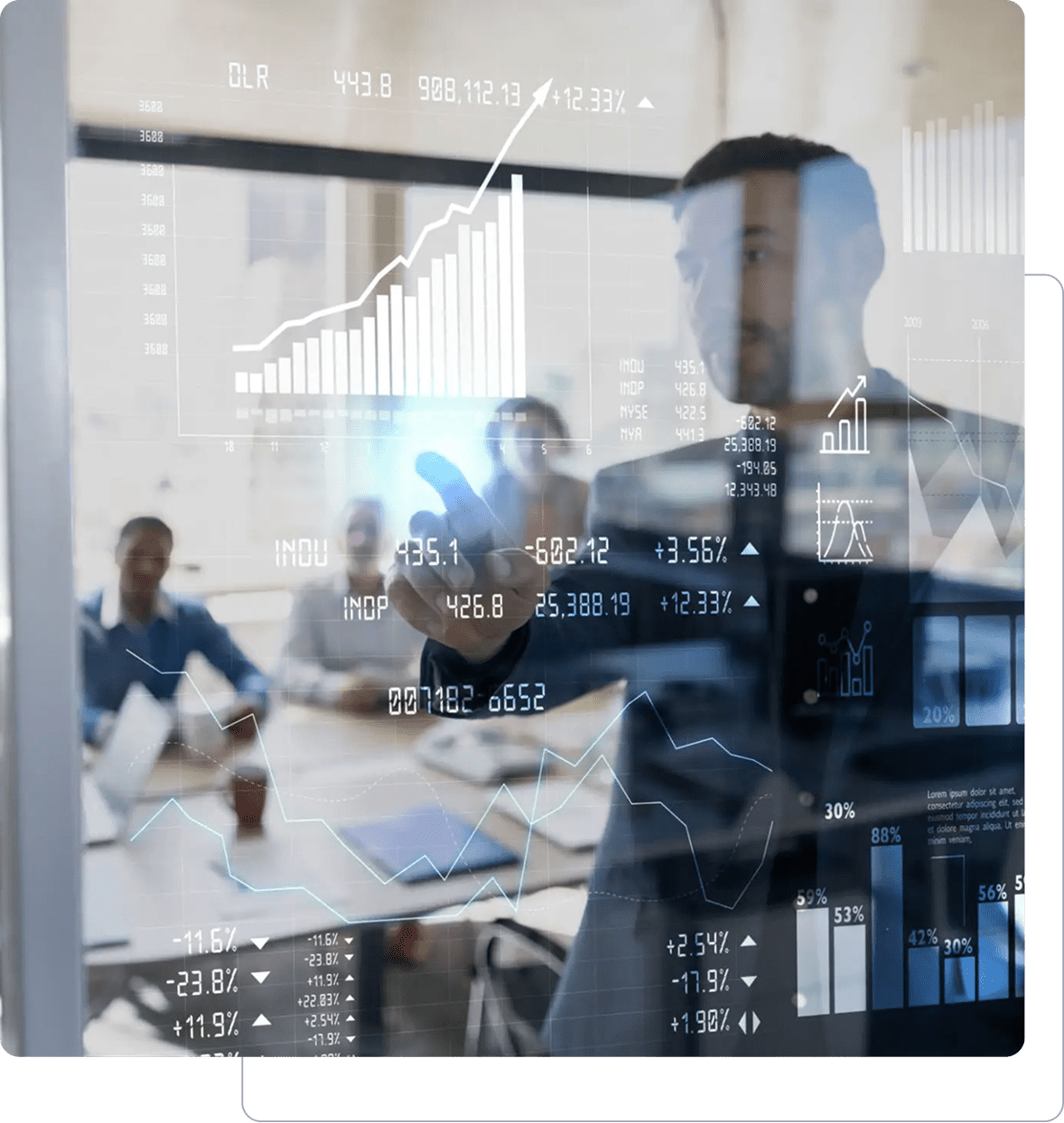 Man presenting data on transparent digital screen.