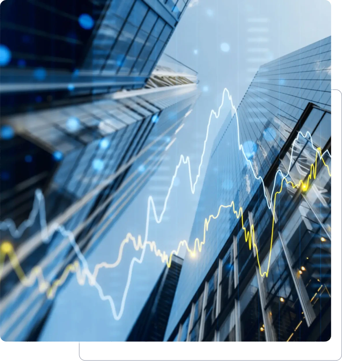 Stock market data overlaid on city skyscrapers.