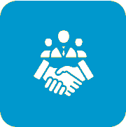 Icon showing a handshake and businesspeople symbolizing partnership.