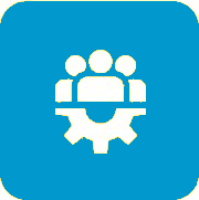 Icon showing three people above a gear symbol on a blue background.